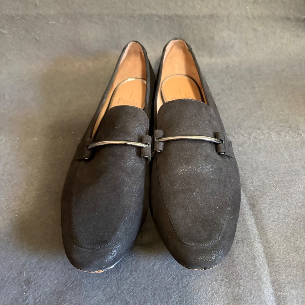 Linea Paolo Loafers‎ Womens 9.5M Black Metallic Bar Almond Toe Flats Core Fall